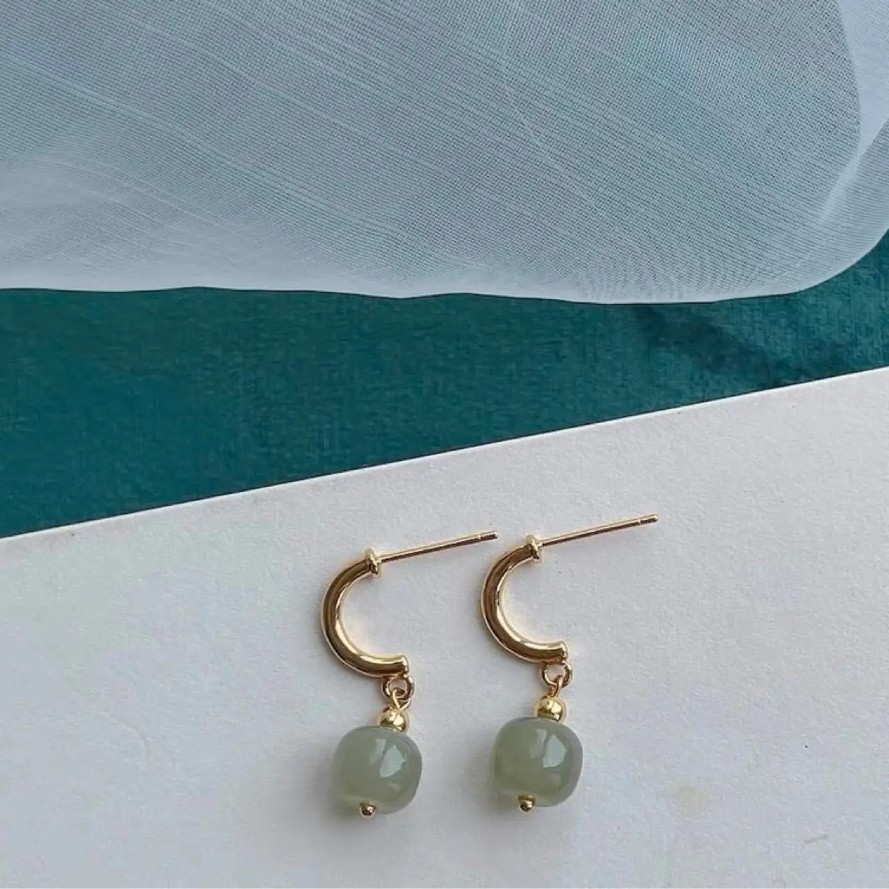 Retro Jade Blue Earrings 925 Silver 14k Gold - Image 5