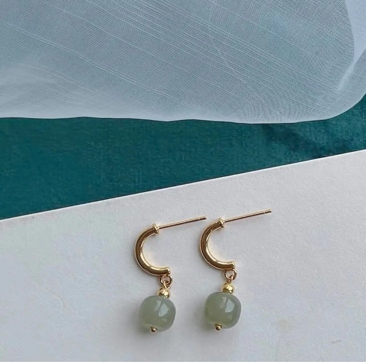 Retro Jade Blue Earrings 925 Silver 14k Gold — feature 5