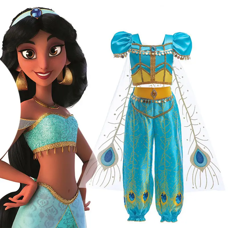 Halloween Princess Jasmine Dress Blue Peacock Print - Image 3