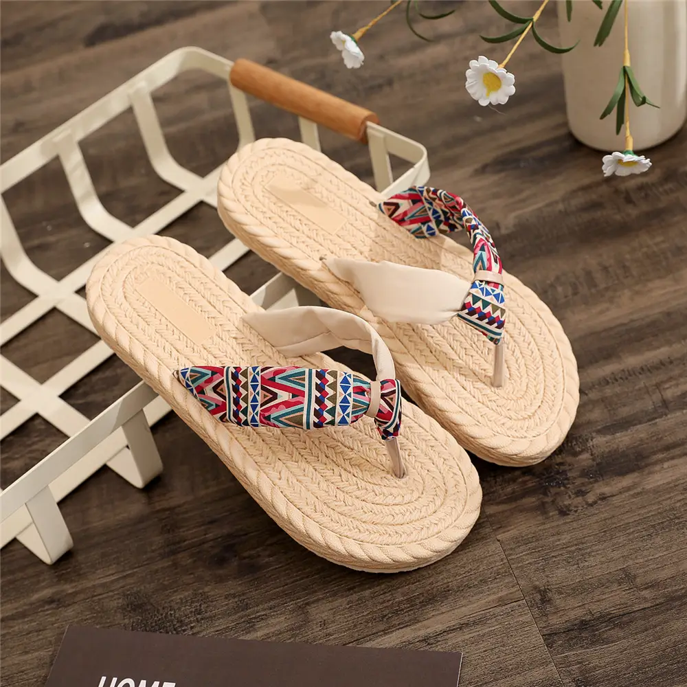 Summer New Style Slippers Ethnic Style Japanese Style Cloth Belt Stitching Home Outfit Flat Non-slip Flip Flops for Women