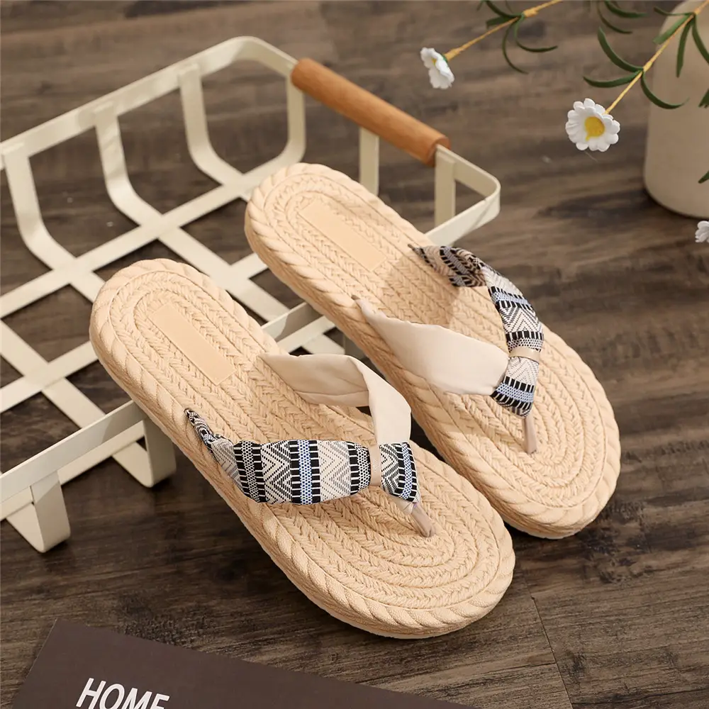 Summer New Style Slippers Ethnic Style Japanese Style Cloth Belt Stitching Home Outfit Flat Non-slip Flip Flops for Women