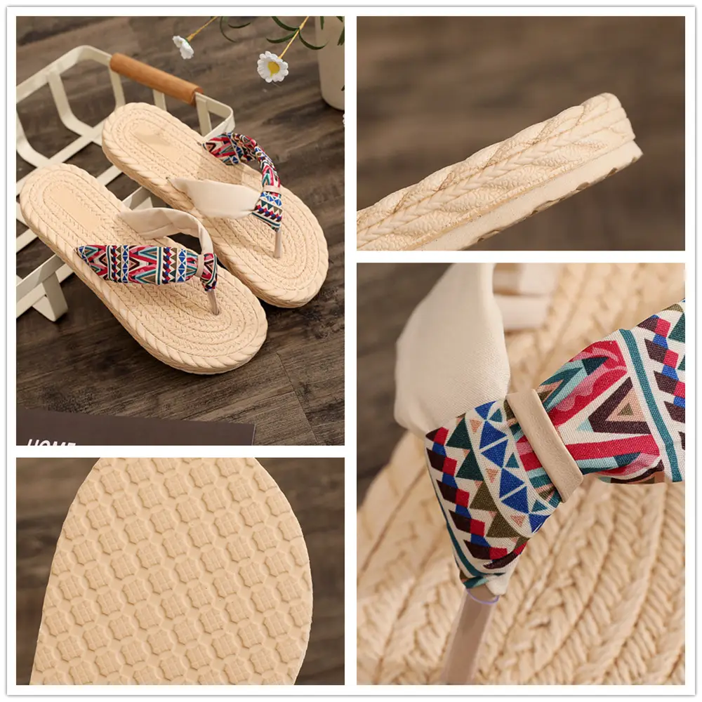 Summer New Style Slippers Ethnic Style Japanese Style Cloth Belt Stitching Home Outfit Flat Non-slip Flip Flops for Women