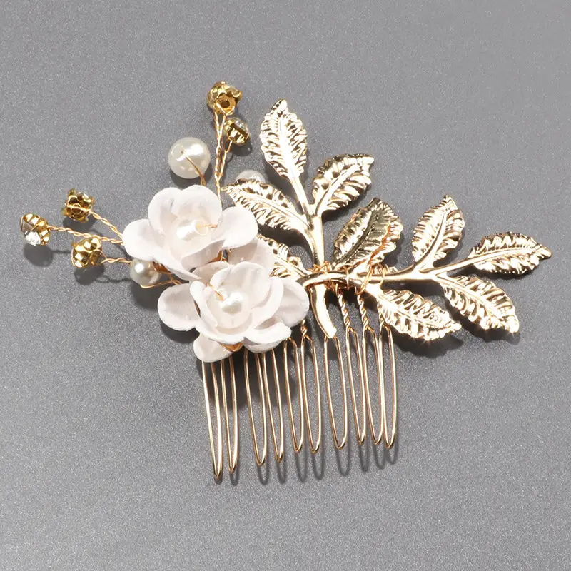 White Pearl Flower Hairpin with Gold Plated Design - Image 5