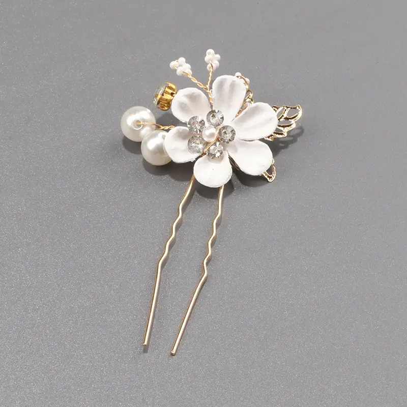 White Pearl Flower Hairpin with Gold Plated Design - Image 7