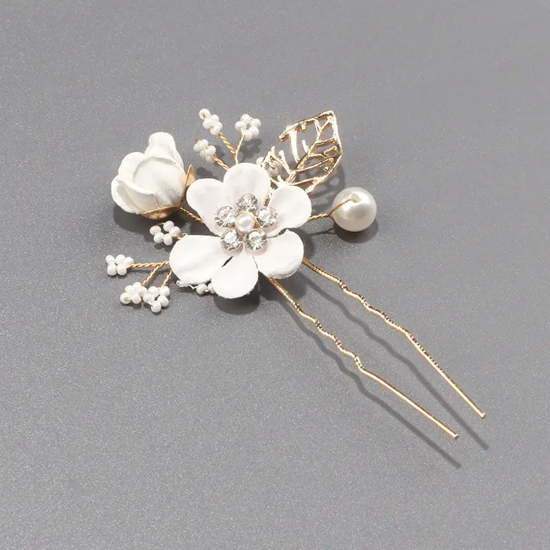 White Pearl Flower Hairpin with Gold Plated Design - Image 8