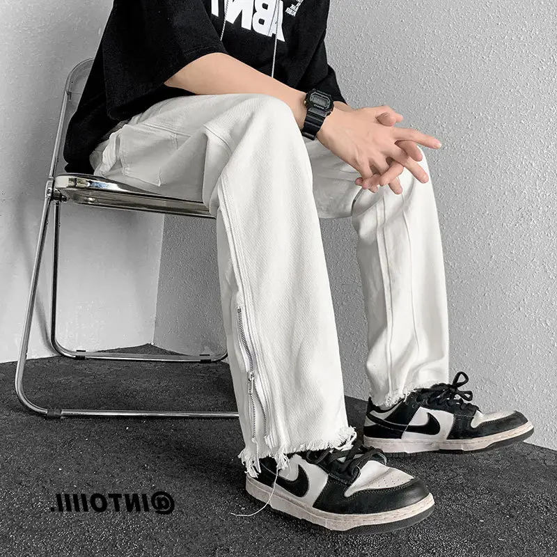 Men Slim Cargo Pants Zipper Style White