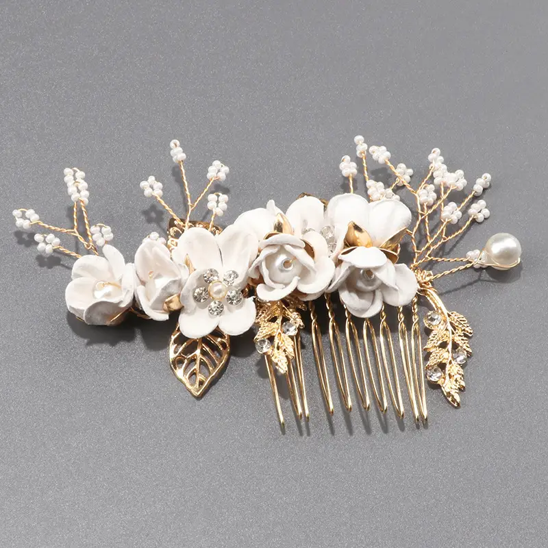 Antique Pearl Leaf Hair Comb for European American Brides - Image 2