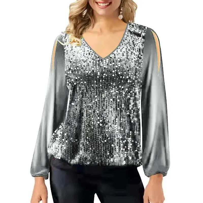 2022 V-Neck Sequin Off-Shoulder T-Shirt Women — feature 10