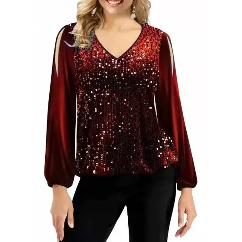 2022 V-Neck Sequin Off-Shoulder T-Shirt Women — feature 12