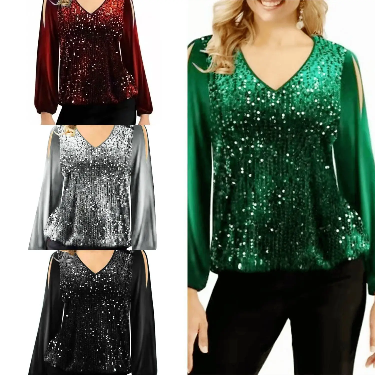 2022 V-Neck Sequin Off-Shoulder T-Shirt Women — feature 2
