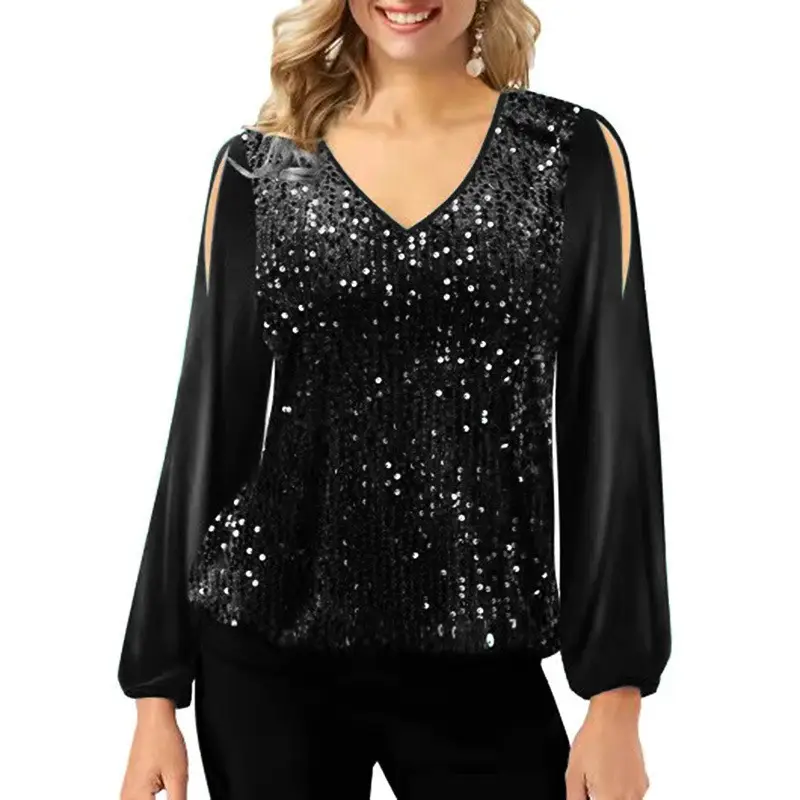 2022 V-Neck Sequin Off-Shoulder T-Shirt Women — feature 3