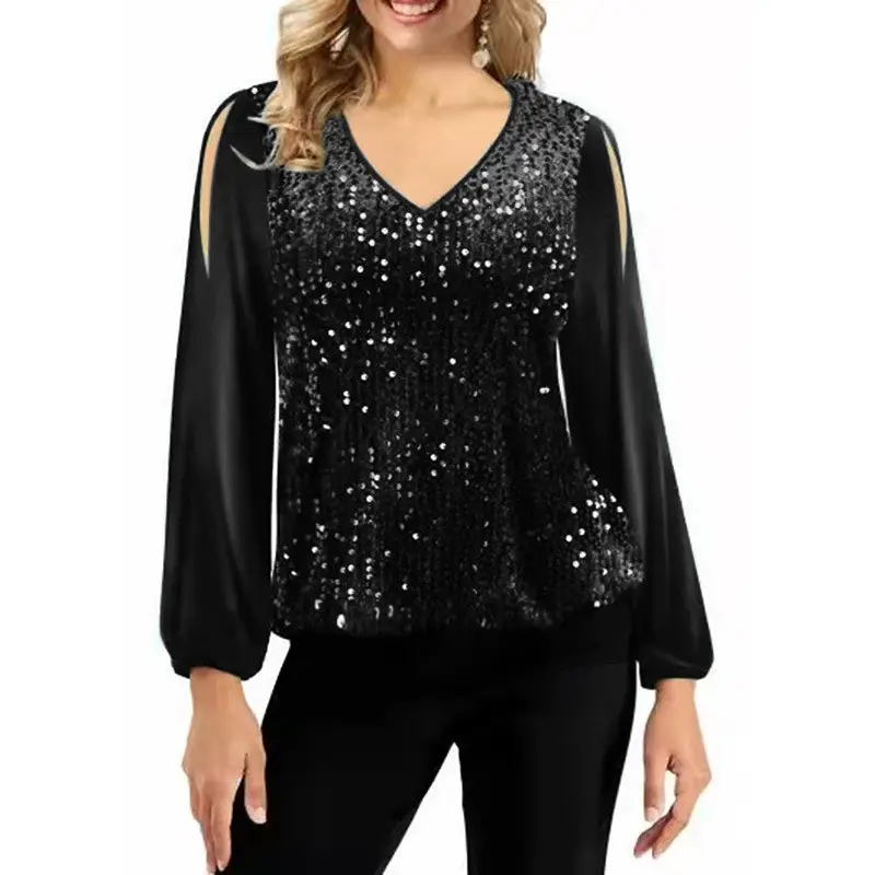 2022 V-Neck Sequin Off-Shoulder T-Shirt Women — feature 8