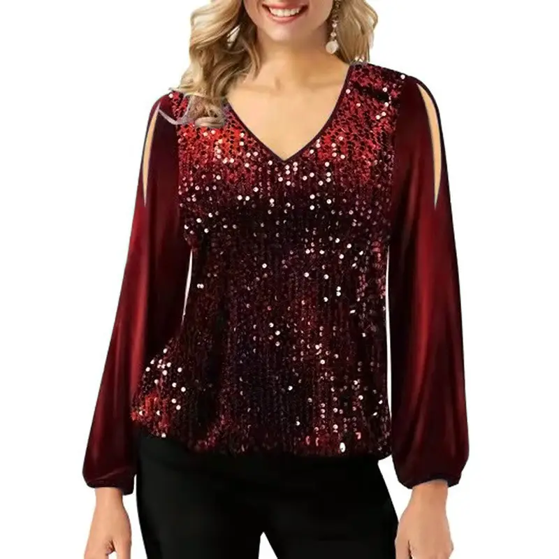 2022 V-Neck Sequin Off-Shoulder T-Shirt Women — feature 9