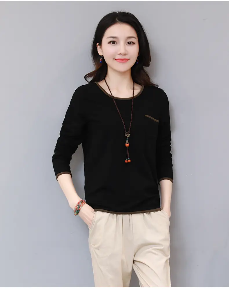 Women Long Sleeve Black T-Shirt Loose Fit Autumn Wear - Image 2