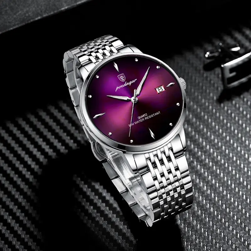 Swiss Men's Waterproof Purple Quartz Watch with Calendar