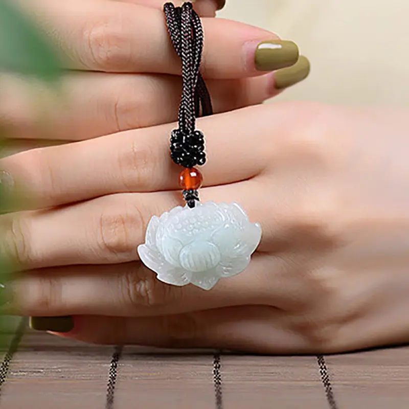Natural Burmese Jade Lotus Pendant for Men Women