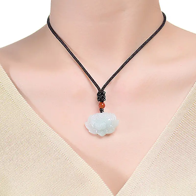 Natural Burmese Jade Lotus Pendant for Men Women