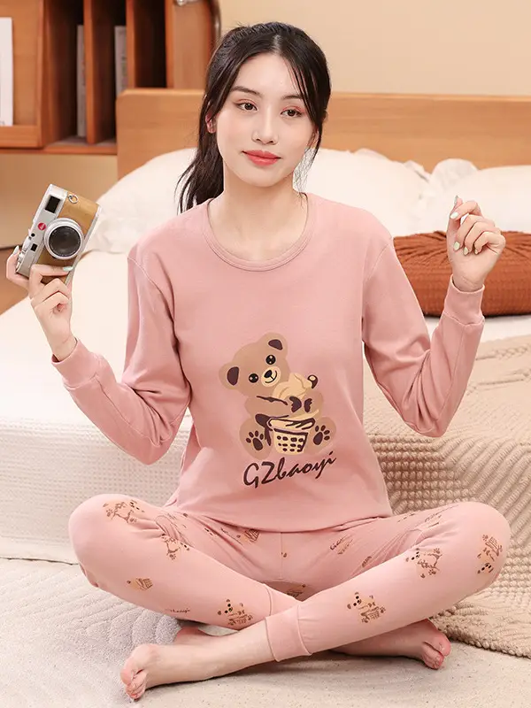 Cotton Pajama Set Pink Bear Print for Girls - Image 25