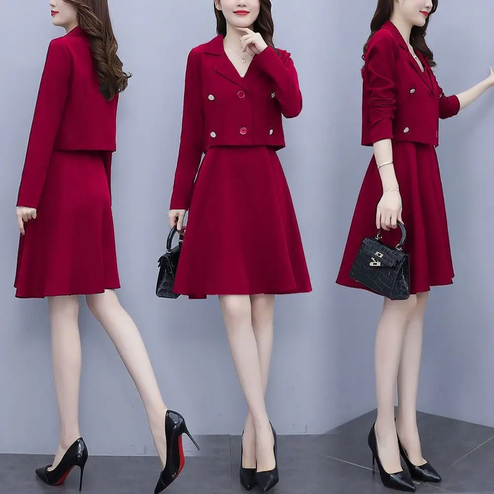 Women Two-Piece Suit Maroon Slim Dress with Suspender Skirt - Image 6