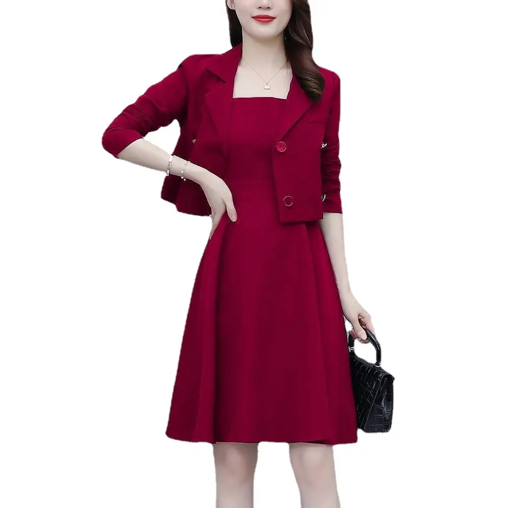 Women Two-Piece Suit Maroon Slim Dress with Suspender Skirt - Image 7