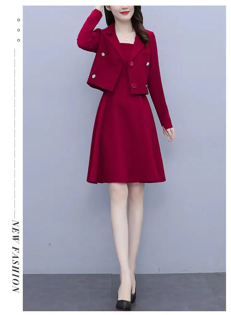 Women Two-Piece Suit Maroon Slim Dress with Suspender Skirt — feature 5