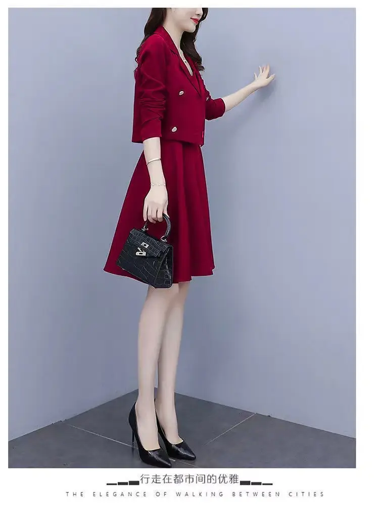 Women Two-Piece Suit Maroon Slim Dress with Suspender Skirt — feature 6