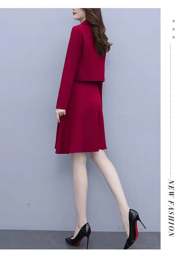 Women Two-Piece Suit Maroon Slim Dress with Suspender Skirt — feature 7