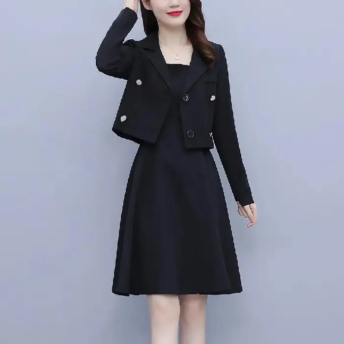 Women Two-Piece Suit Maroon Slim Dress with Suspender Skirt - Image 2