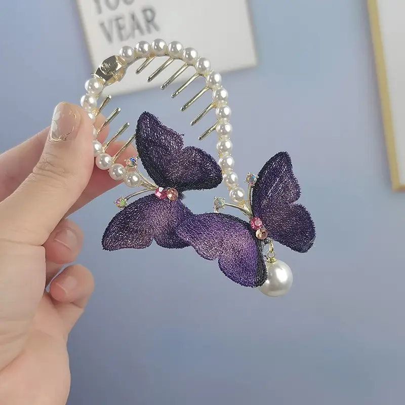 Butterfly Hair Clip with Rhinestone & Pearl Design