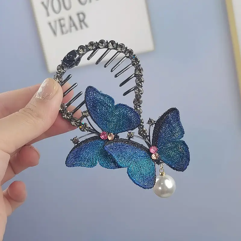 Butterfly Hair Clip with Rhinestone & Pearl Design