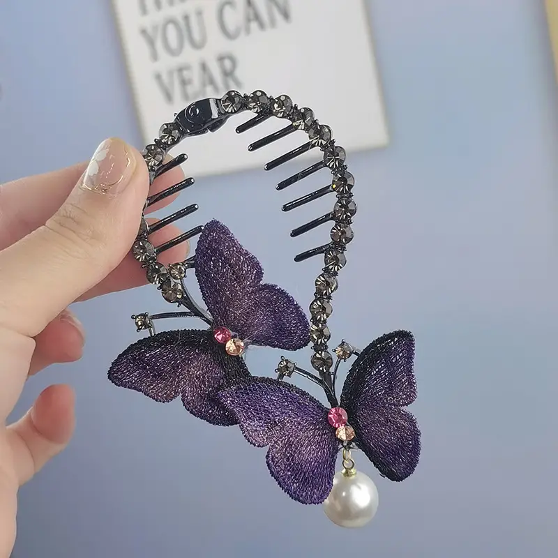 Butterfly Hair Clip with Rhinestone & Pearl Design