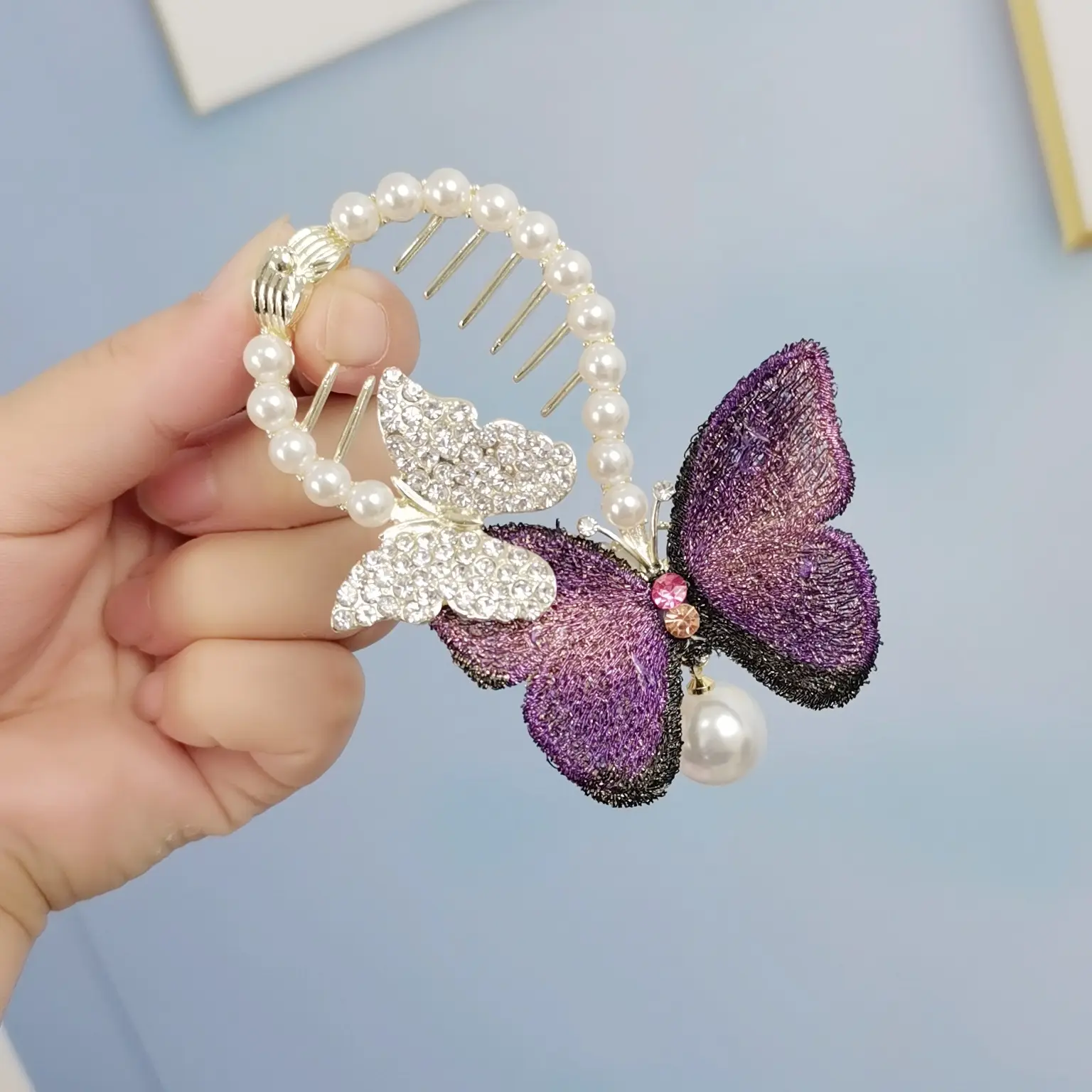 Butterfly Hair Clip with Rhinestone & Pearl Design