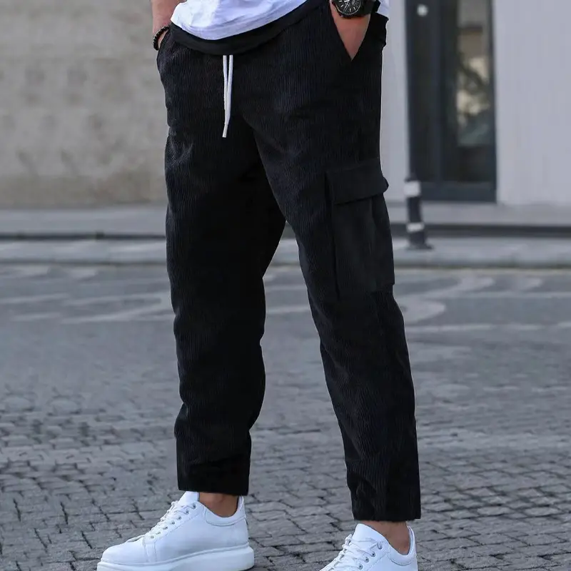 Men's Black Corduroy Loose Straight Sports Pants Multi Pocket - Image 9