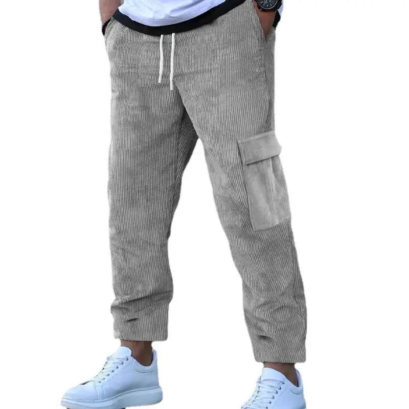 Men's Black Corduroy Loose Straight Sports Pants Multi Pocket - Image 10