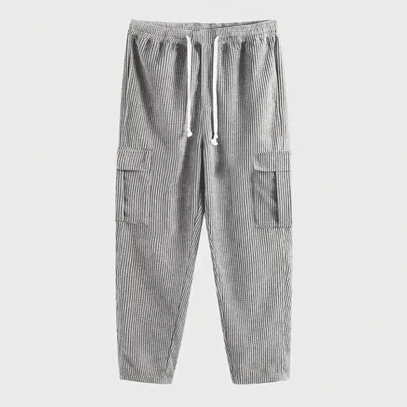 Men's Black Corduroy Loose Straight Sports Pants Multi Pocket — feature 10