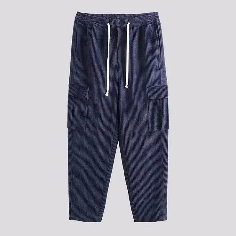 Men's Black Corduroy Loose Straight Sports Pants Multi Pocket — feature 4