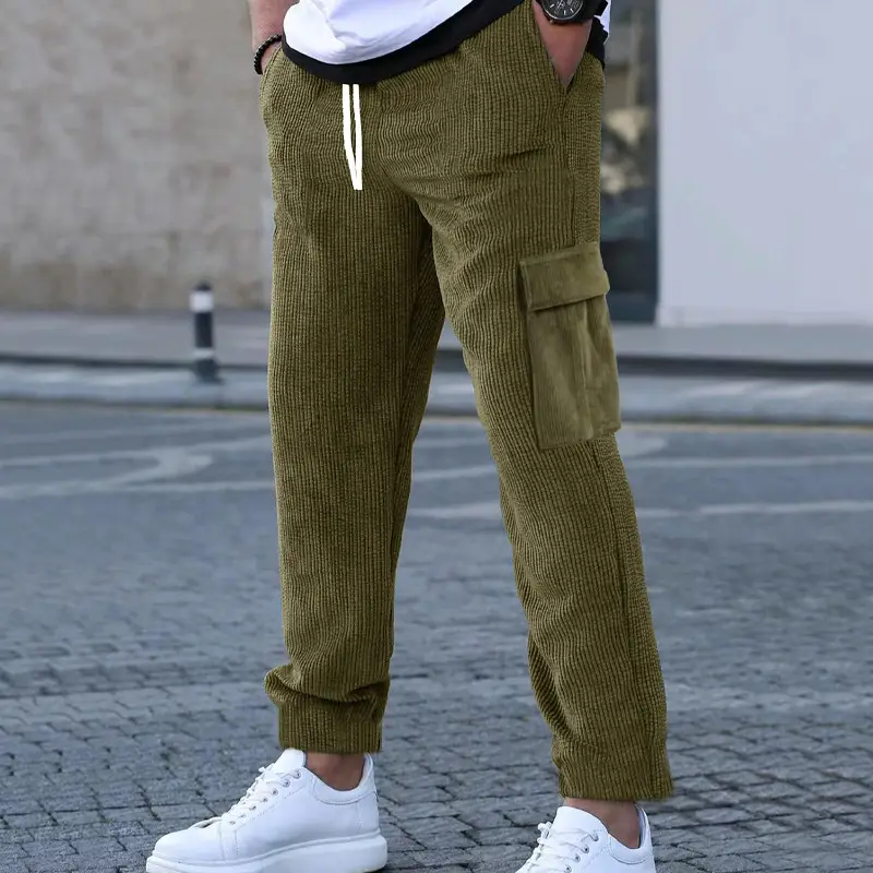 Men's Black Corduroy Loose Straight Sports Pants Multi Pocket — feature 7
