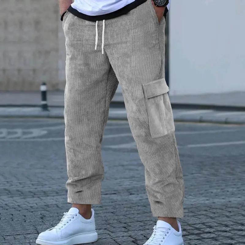 Men's Black Corduroy Loose Straight Sports Pants Multi Pocket — feature 9