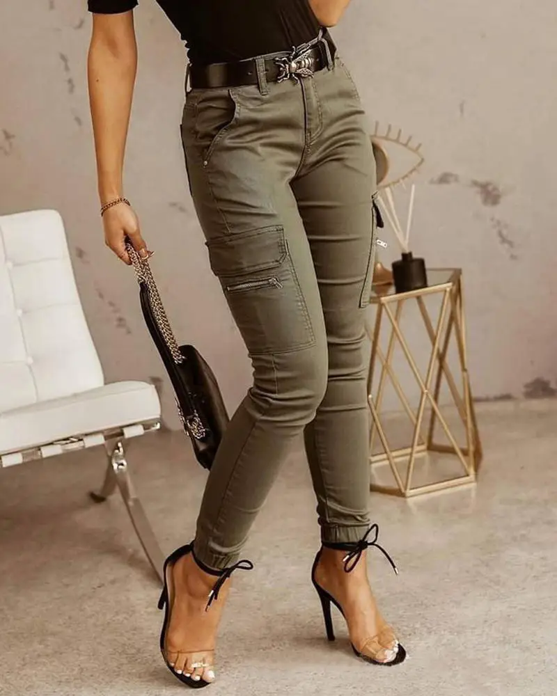 Women's Low Waist Button Trousers Solid Color - Image 2