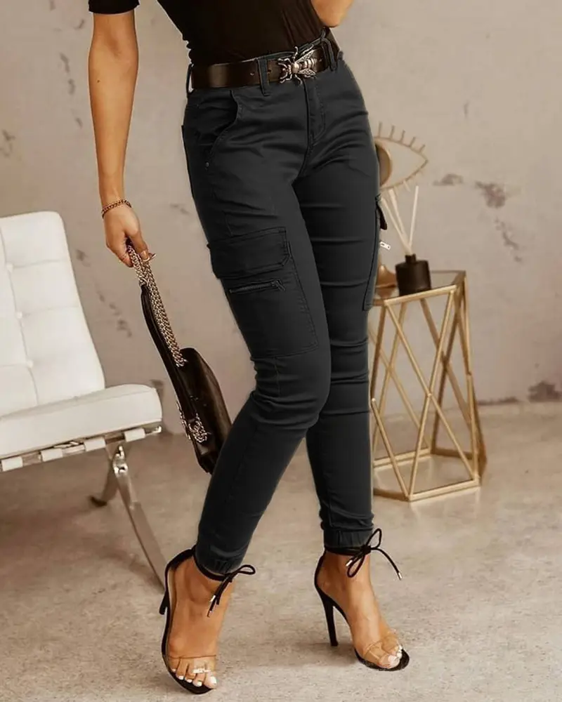 Women's Low Waist Button Trousers Solid Color - Image 3