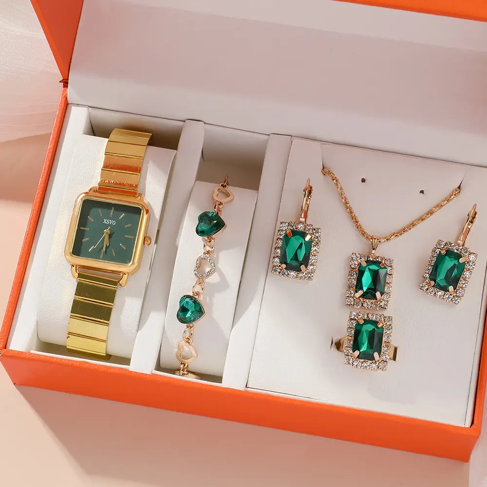 Small green watch ladies steel band quartz watch ring suit gift box 5 pcs/set