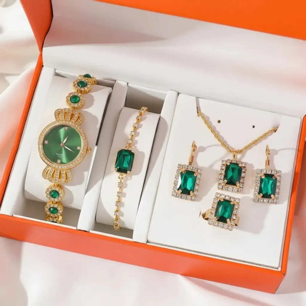 Small green watch ladies steel band quartz watch ring suit gift box 5 pcs/set