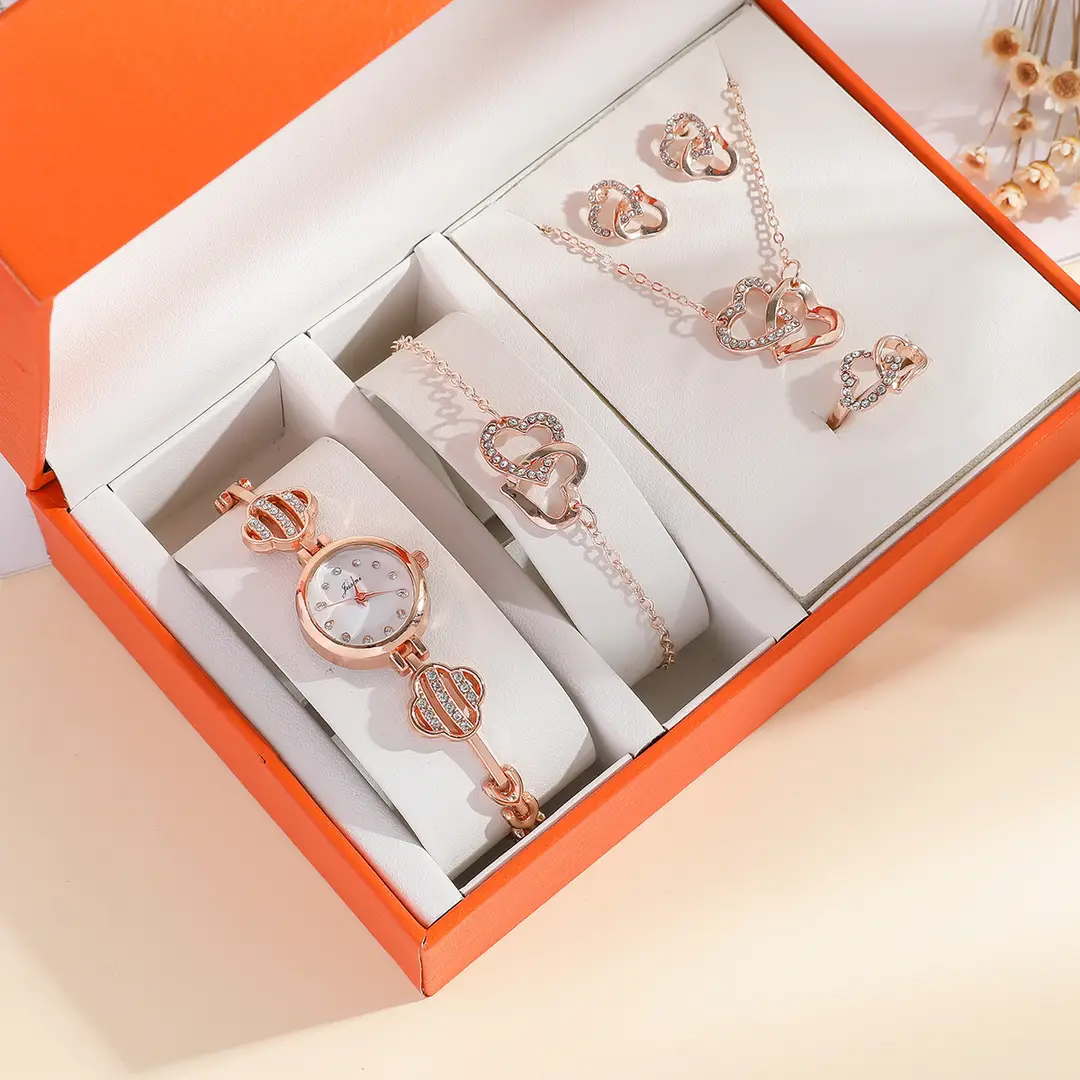 Small green watch ladies steel band quartz watch ring suit gift box 5 pcs/set