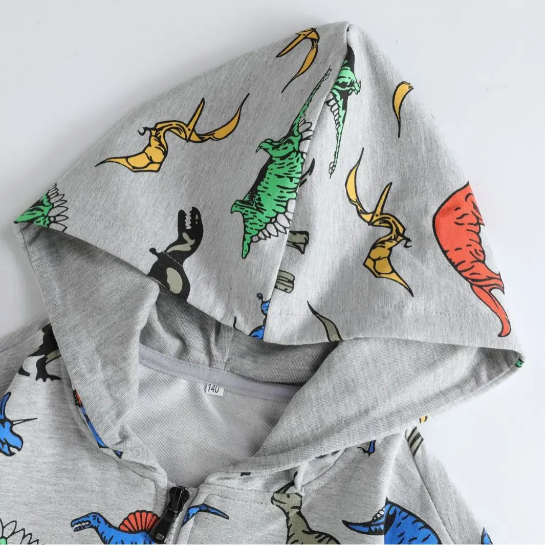 Dinosaur Printed Kids Hooded Sweater Grey - Image 5