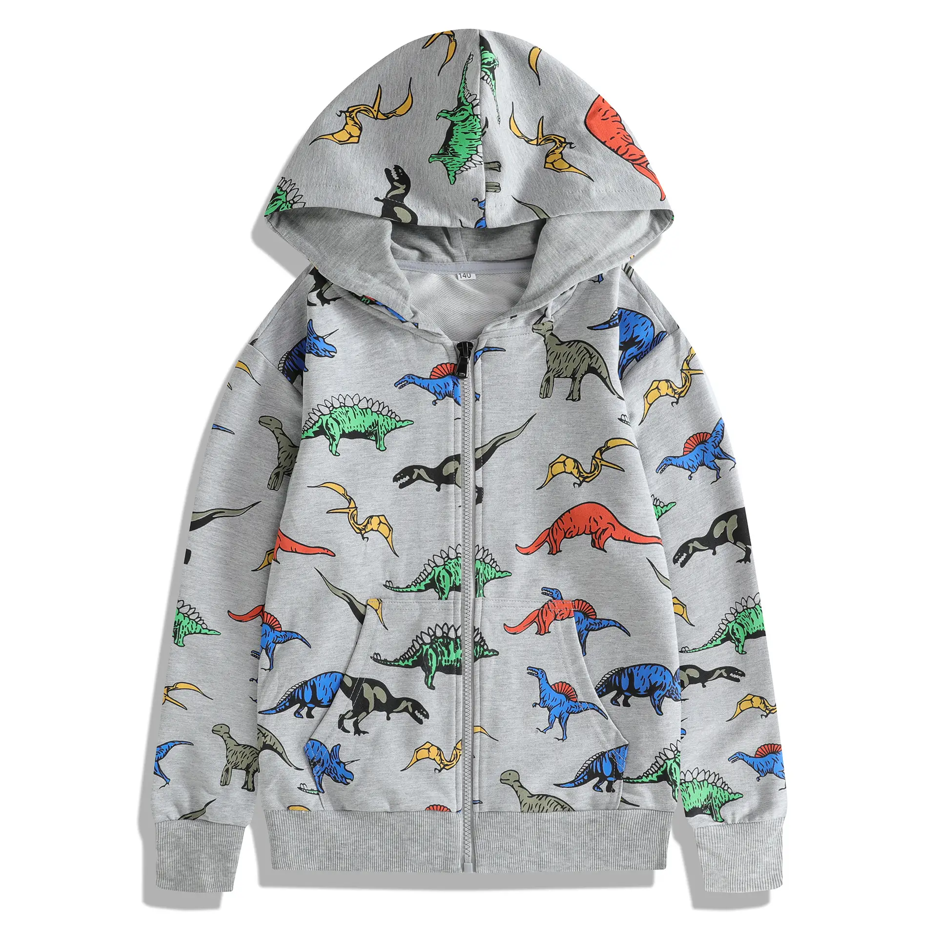 Dinosaur Printed Kids Hooded Sweater Grey — feature 3