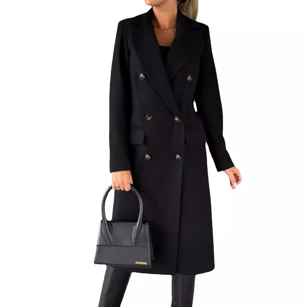 Women's Long Sleeve Lapel Coat Black Double Breasted Slim Fit - Image 10