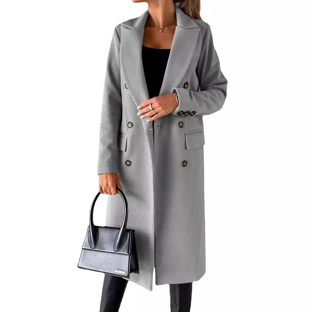 Women's Long Sleeve Lapel Coat Black Double Breasted Slim Fit - Image 11