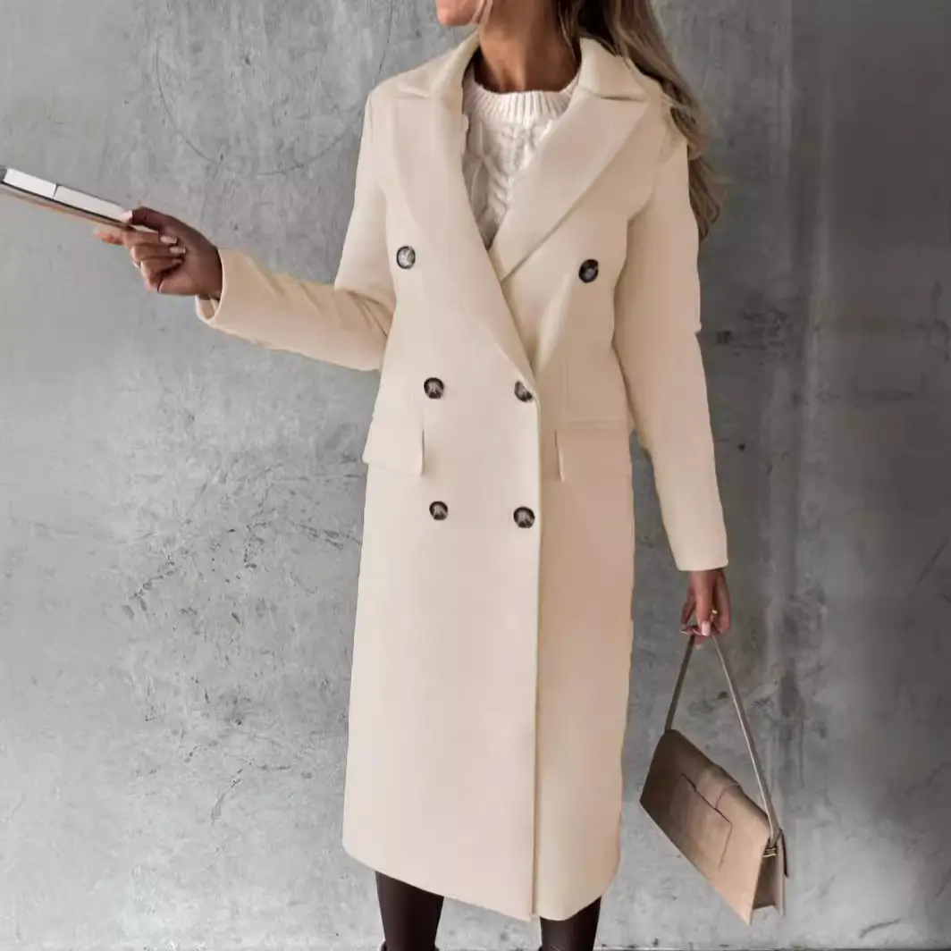 Women's Long Sleeve Lapel Coat Black Double Breasted Slim Fit - Image 12