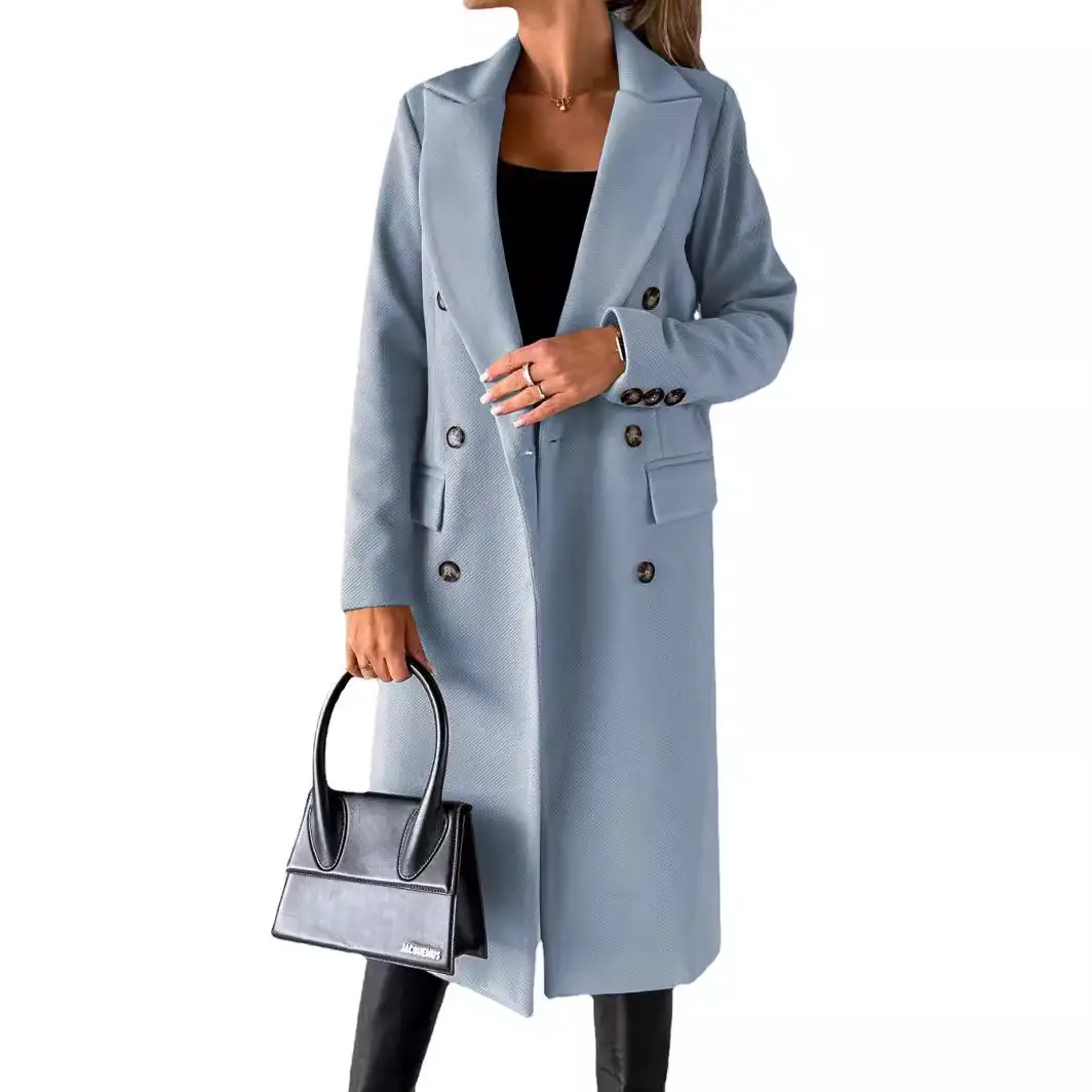 Women's Long Sleeve Lapel Coat Black Double Breasted Slim Fit - Image 13