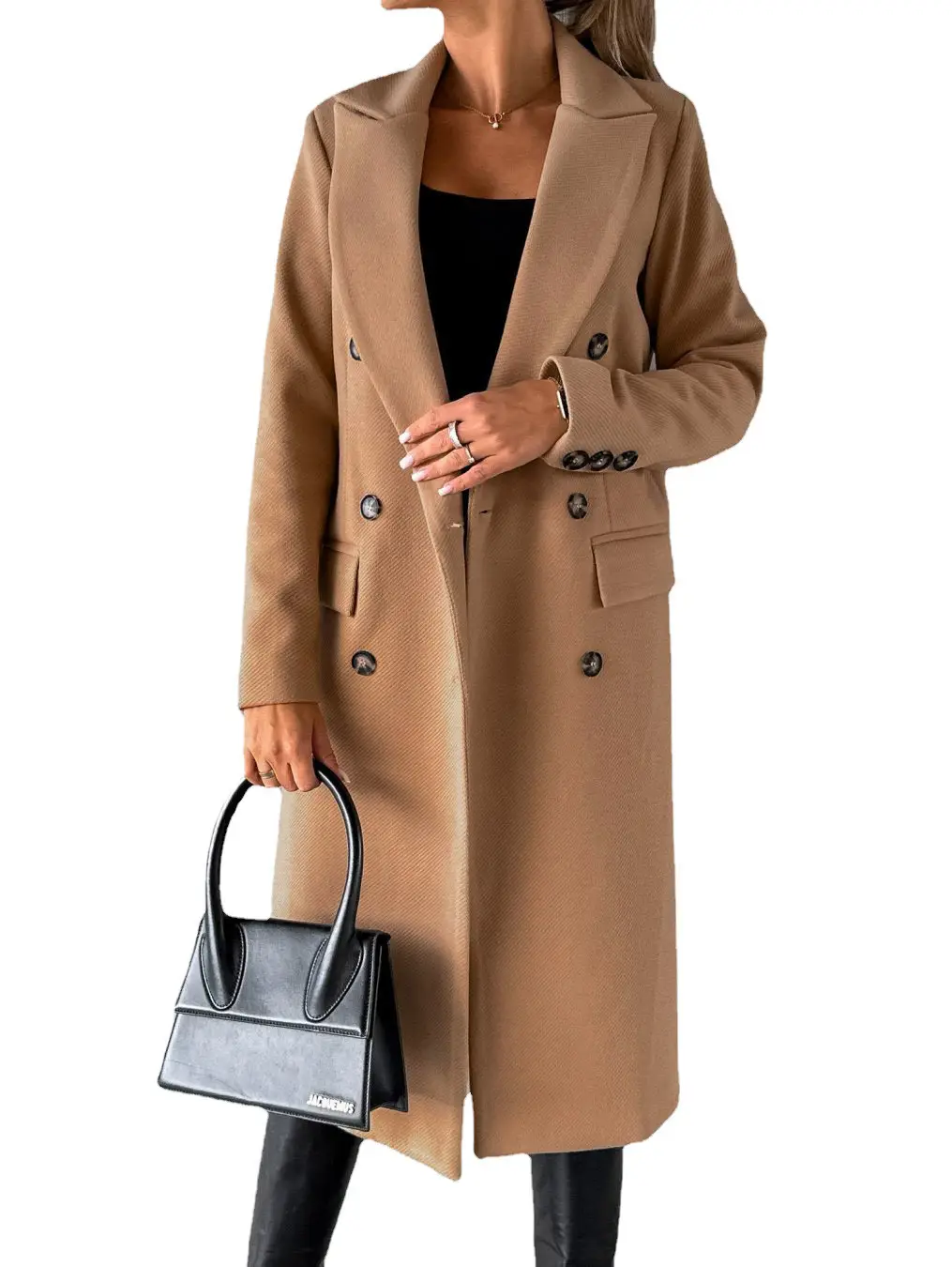 Women's Long Sleeve Lapel Coat Black Double Breasted Slim Fit - Image 3